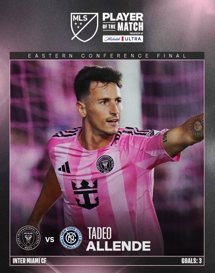 上演帽子戏法，美职联官方：阿连德当选迈阿密5-1纽约城全场最佳